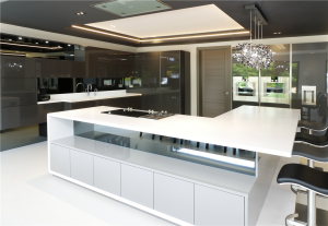 Corian Designer White Worktops with Gutmann Extractor and Gaggenau appliances
