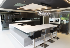 Corian Designer White Worktops with luxury Italian seating by Peressini Casa