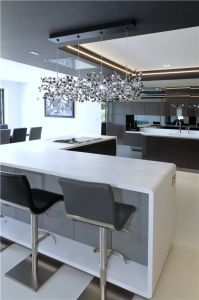Corian Designer White Worktops with luxury Italian seating by Peressini Casa