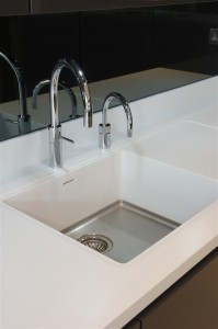 Corian Designer White Worktops with Quooker Scale Control PRO3 Nordic Round Twintaps in Chrome