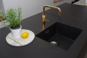 PRO3 Fusion Square gold and blanco subline sink anthracite on Dekton Domoos worktop