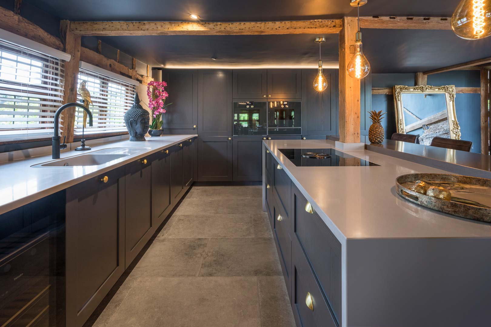 dark grey kitchen with black ceiling